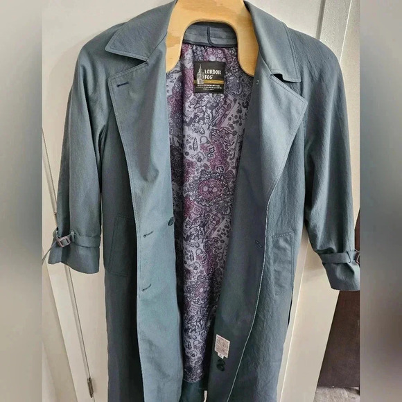 VTG London Fog Blue Double Breasted Belted Trench Coat Full Length Lined 16 - Picture 5 of 13